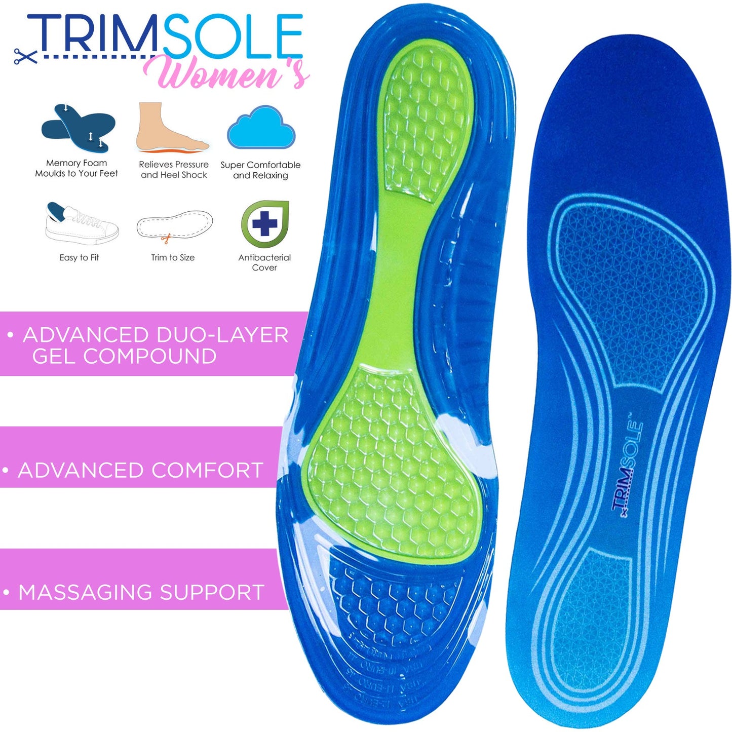 TRIMSOLE Womens Gel Advanced Insoles Silicone Antibacterial Inserts Pads