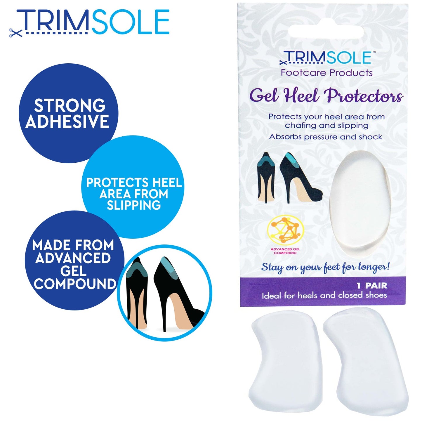 1 Pair TRIMSOLE Gel Heel Protectors Silicone Grip Back Liner Shoe Insole Care