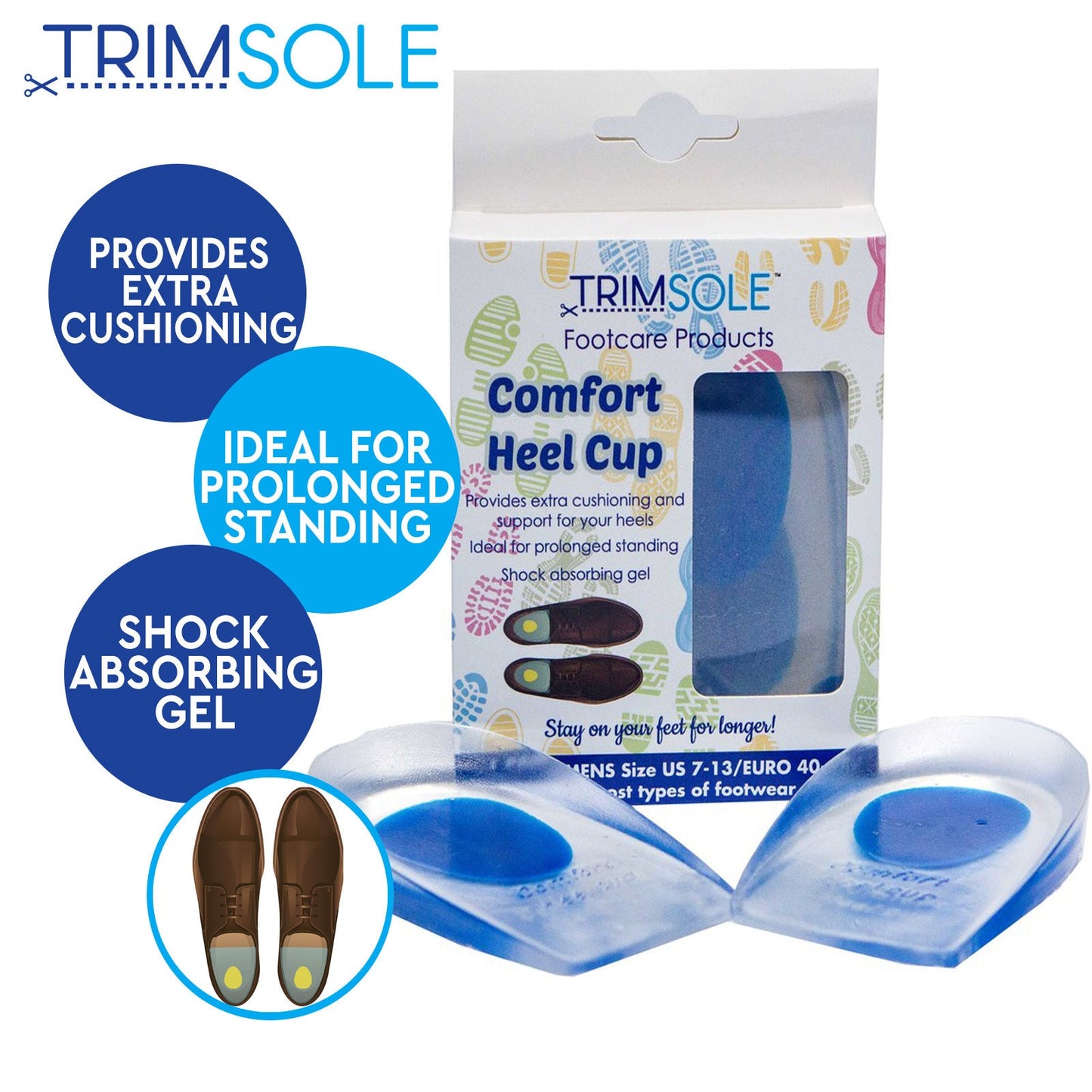 TRIMSOLE Mens Comfort Heel Cup Silicone Gel Pad Cushion Insoles Inserts  (1 Pair)